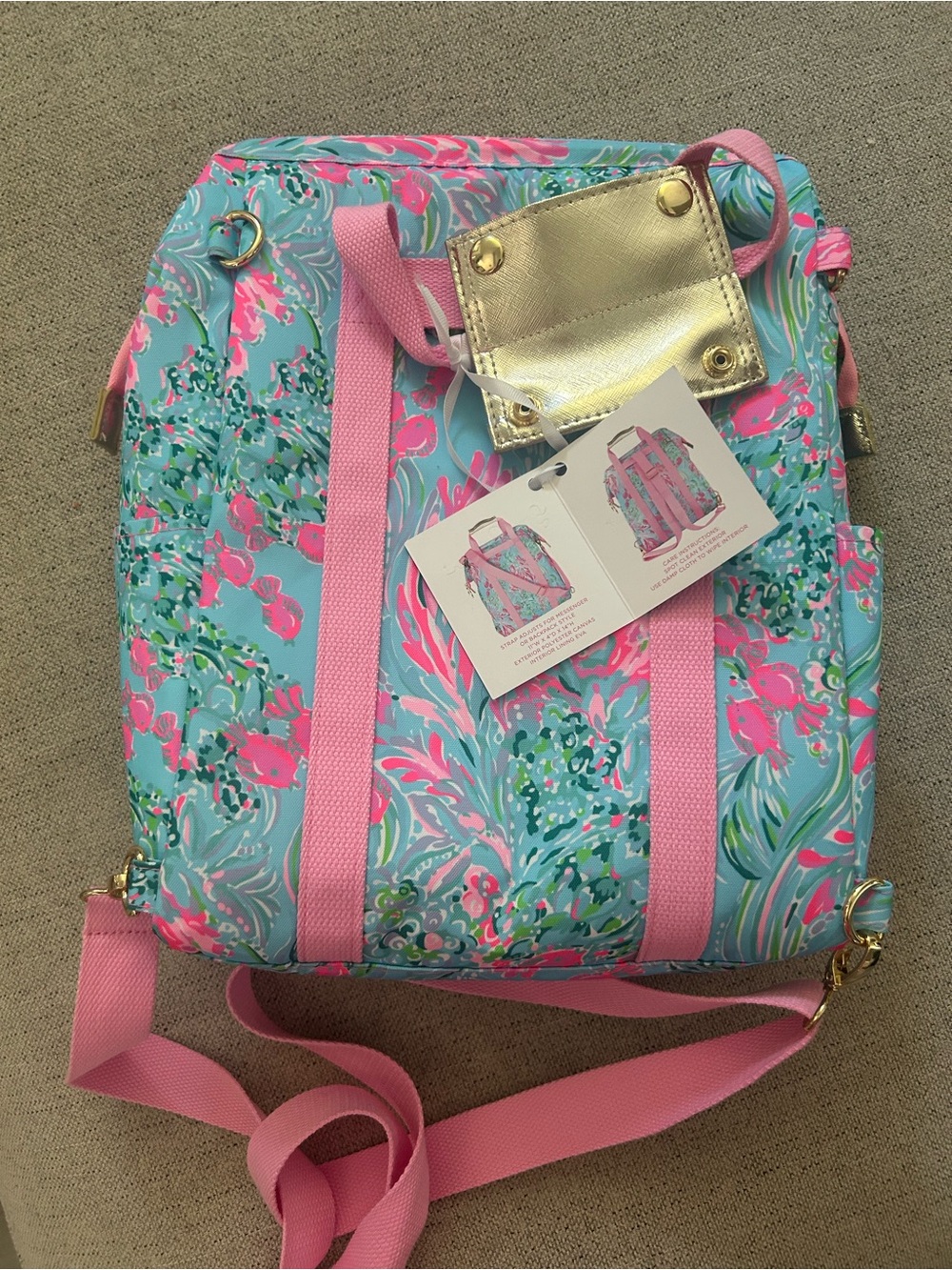 Lilly Pulitzer Aqua & Pink Floral Backpack Tote - Picture 4 of 6
